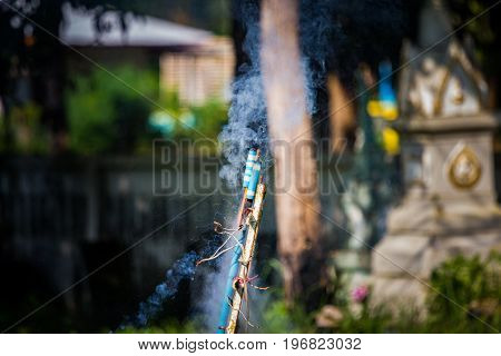 homemade rocket launching. gunpowder powered. sparking and smoking