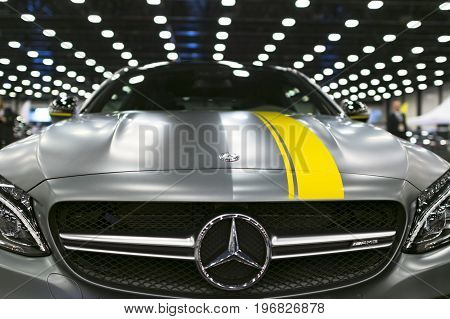 Sankt-Petersburg Russia July 21 2017: Front view of a Mercedes Benz C 63s coupe. Car exterior details. Photo Taken on Royal Auto Show July 21