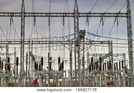 High voltage switchyard in modern electrical substation