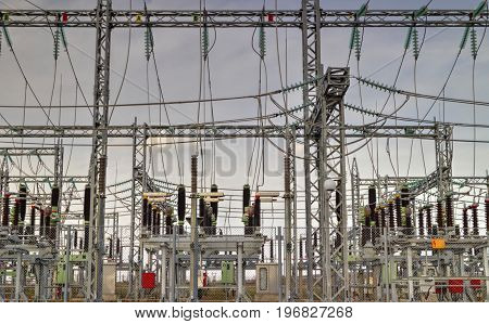 High voltage switchyard in modern electrical substation