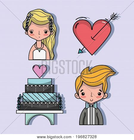 set bried and groom with pastel and heart with arrow vector illustration