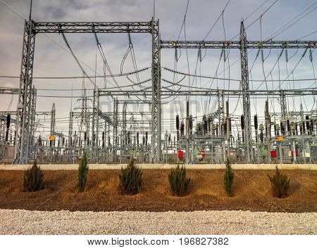 High voltage switchyard in modern electrical substation