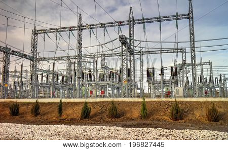 High voltage switchyard in modern electrical substation