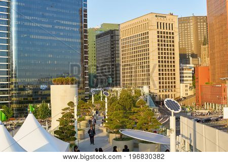 SEOUL, SOUTH KOREA - JUNE 01, 2017: view of Seoul 7017 Skypark. The Seoullo 7017 Skypark, is an elevated linear park in central Seoul  which opened on May 20, 2017.