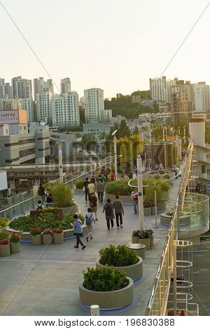 SEOUL, SOUTH KOREA - JUNE 01, 2017: view of Seoul 7017 Skypark. The Seoullo 7017 Skypark, is an elevated linear park in central Seoul  which opened on May 20, 2017.