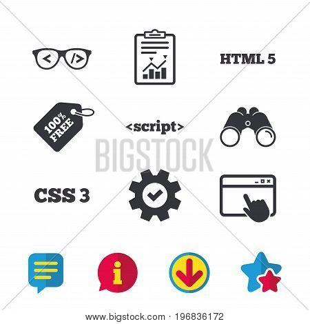 Programmer coder glasses icon. HTML5 markup language and CSS3 cascading style sheets sign symbols. Browser window, Report and Service signs. Binoculars, Information and Download icons. Stars and Chat