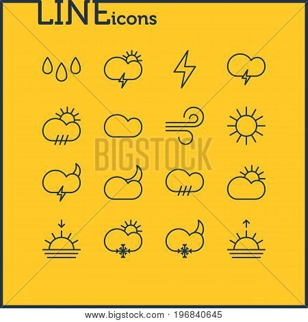 Editable Pack Of Lightning, Windstorm, Sunlight And Other Elements.  Vector Illustration Of 16 Sky Icons.