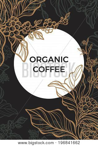 Coffee branch with leaves and natural coffee beans. Template. Retro vintage style. Night moon garden. Copy space. Vector Illustration eps.10
