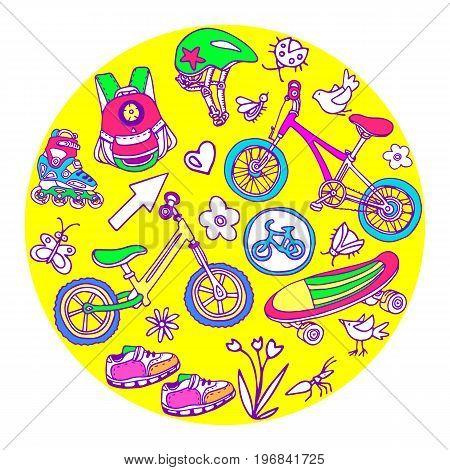 Set of sporting goods for kids. Vector illustration. Symbol in circle. Scooter rollers skate bicycle backpack helmet flower bird ant arrow road sign. Summer children's holiday