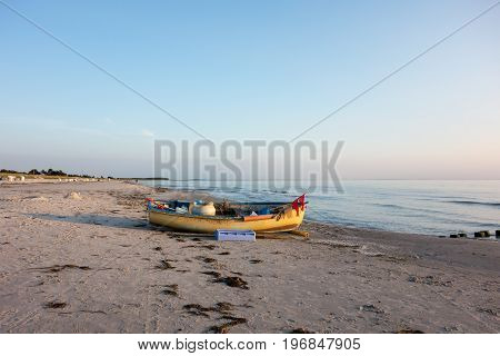 Small Boat With Equipment At Hiddensee Island Beach Germany