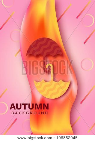 Autumn abstract  hipster color composition in trendy 90s style with umbrella, geometric shapes, fluid and liguid texture, futuristic bright background, template for banner, poster, vector illustration