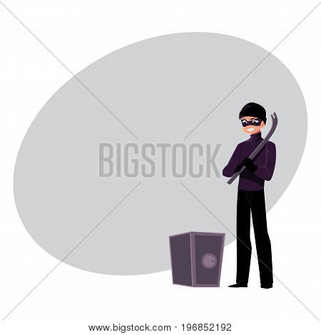 Thief, burglar going to force open safe box with tire lever, cartoon vector illustration with space for text. Burglar, robber, thief in black mask with tire lever tool going to open a safe