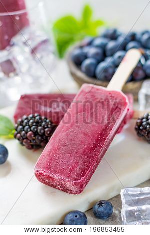 Fresh Summer Wild Blueberries And  Brambleberry, Home Made Sorbet Ice Cream Popsicles On Marble Plat