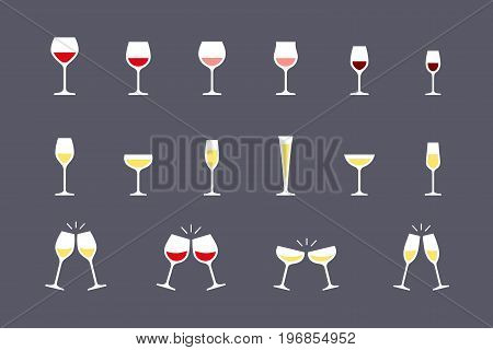 Wine glasses flat icons set. Vector illustration
