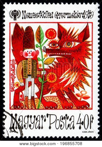 UKRAINE - CIRCA 2017: A postage stamp printed in Hungary shows Fairy Tale Scenes Tom Thumb from series International Year of the Child circa 1979