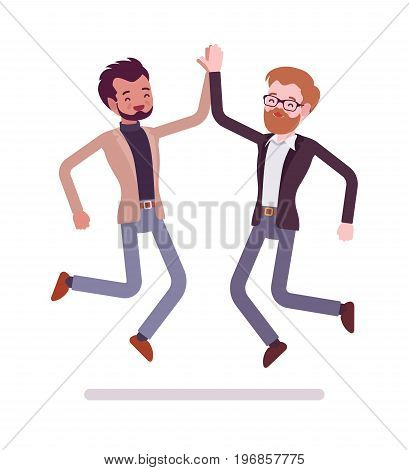 Businessmen highfive jumping. Celebrating a deal, project success, nonverbal communication and body language. Formal manners concept. Vector flat style cartoon illustration, isolated, white background