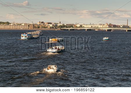 St. Petersburg, Russia - June 28, 2017: Panoramic View Of The Neva River Embankment In St. Petersbur