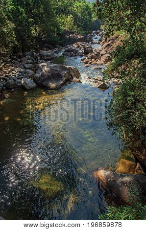 View of small waterfall lagoon in the middle of the forest at the Itatiaia Park, an altitude park, known for its animal diversity, trails and waterfalls. Rio de Janeiro State, southwestern Brazil