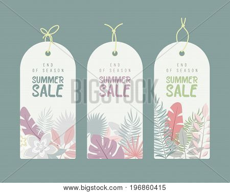 End of Season. Summer hand drawn calligraphyc sale tags set. Beautiful summer posters with palm leaves, textures and hand written text. Fashion tags