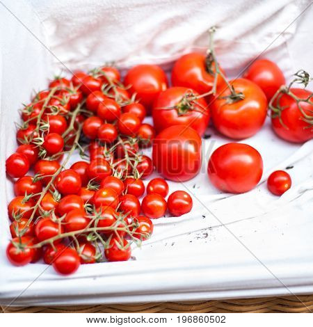 Ripe red tomatoes on a market stall close up. Summer tray market agriculture farm full of organic tomatoes. Fresh tomatoes.