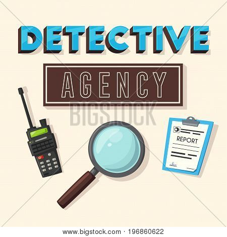 Detective tools. Cartoon vector illustration. Necessary things for work. Gun and other objects. Tipographic. Design for banners and posters.