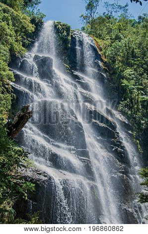 View of waterfall in the middle of the forest at the Itatiaia Park, an altitude park, known for its animal diversity, trails and waterfalls. Rio de Janeiro State, southwestern Brazil