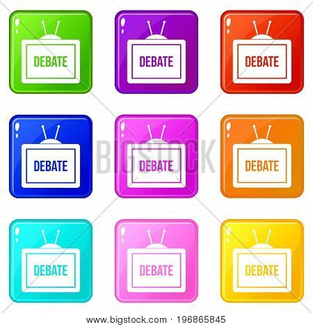 TV with the Debate inscription on the screen icons of 9 color set isolated vector illustration