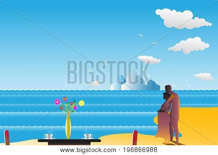 Traveling seashore with Pregnant mother for relaxing between the islands and blue sea with blooming flowers on the table and birds flying in the sky and clouds background in summerVector illustration