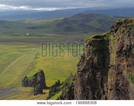 Magic Iceland Landscapes Near Vik I Mirdal With Scharp Rocks And Green Hills