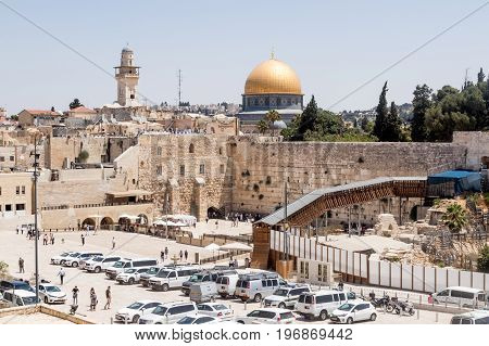 Jerusalem Israel July 14 2017 : View of the Temple Mount and El-Ghawanima Tower in the Old City of Jerusalem Israel