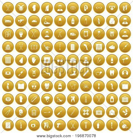 100 medical care icons set in gold circle isolated on white vector illustration