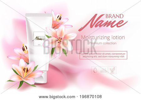 Advertising Poster For Cosmetic Product With Flowers For Catalog, Magazine. Vector Design Of Cosmeti