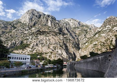 The River Shkurda Is A River Running Along The Fortress Wall Of Kotor's Old Town.