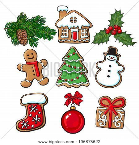 Set of glazed homemade Christmas gingerbread cookies, mistletoe, fir tree branches sketch style vector illustration isolated on white background. Christmas gingerman