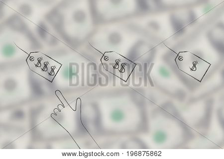 Hand Pointing At The Most Expensive Price Tag Amoung A Group