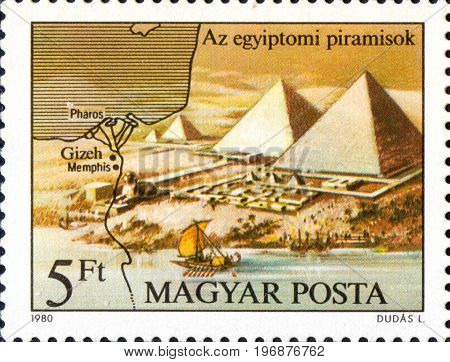 UKRAINE - CIRCA 2017: A postage stamp printed in Hungary shows Pyramids from series Seven Wonders of the Ancient World circa 1980
