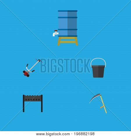 Flat Icon Dacha Set Of Pail, Barbecue, Cutter And Other Vector Objects