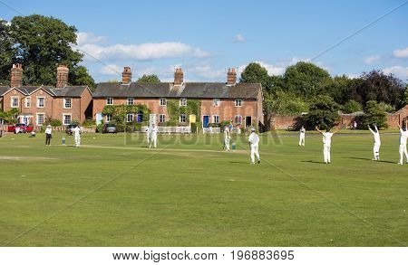 HARTLEY WINTNEY, SURREY/UK- Aug 6TH 2016: Hartley Wintney CC - 1st XI Vs Paultons CC - 1st XI village amateur cricket league match open to public to watch on the public village green.  