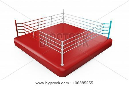 A 3D render of a modern boxing ring with opposing blue and red corners on an isolated white studio background