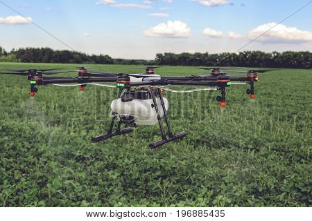 Agriculture drone fly to sprayed fertilizer on the green fields. drone flying with blue sky.