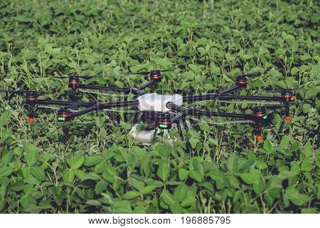 Professional big drone has landed and stands on a green field. Agriculture industry concept drone