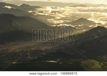 Beautiful sunrise on top of the Mount Fuji Japan and Kawaguchiko city view.