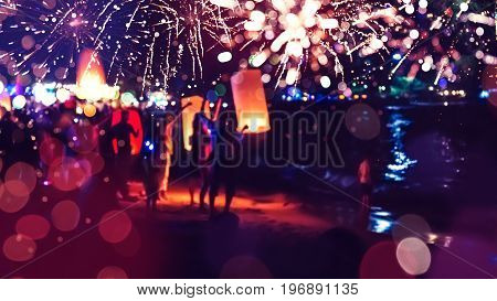 People Celebrate New Year. Fireworks circle blur. Colorful in celebration. Thailand Beach