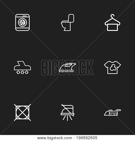 Set Of 9 Editable Cleaning Outline Icons. Includes Symbols Such As Lavatory, Vacuum Cleaner, Iron And More