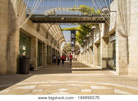 JERUSALEM ISRAEL - OCTOBER 3: Mamilla Mall Alrov Mamilla Avenue shopping street open-air mall in Jerusalem Israel on October 3 2016