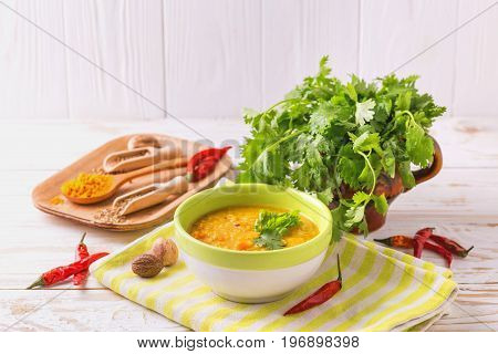 Masoor Dal - Indian Lentil Cream Soup. Curry Hyderabadi Khatti