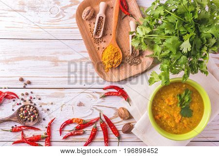 Masoor Dal - Indian Lentil Cream Soup. Curry Hyderabadi Khatti