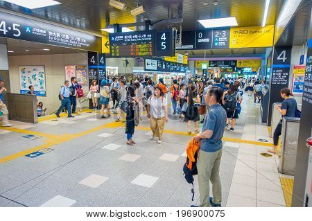 KYOTO, JAPAN - JULY 05, 2017: People hurry at Keihan Railway Station in Kyoto, Japan. Keihan Railway company was founded in 1949 and is among busiest in Japan.