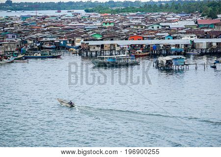Semporna,Sabah,Malaysia-Apr 22,2017:View of Semporna bajau water village in Semporna,Sabah,Malaysia.The water village is a popular tourist attraction place in Semporna,Sabah,Borneo,Malaysia