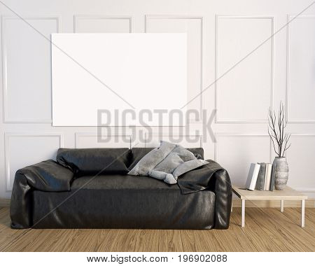 3d illustration interior with leather sofa. posterl mock up
